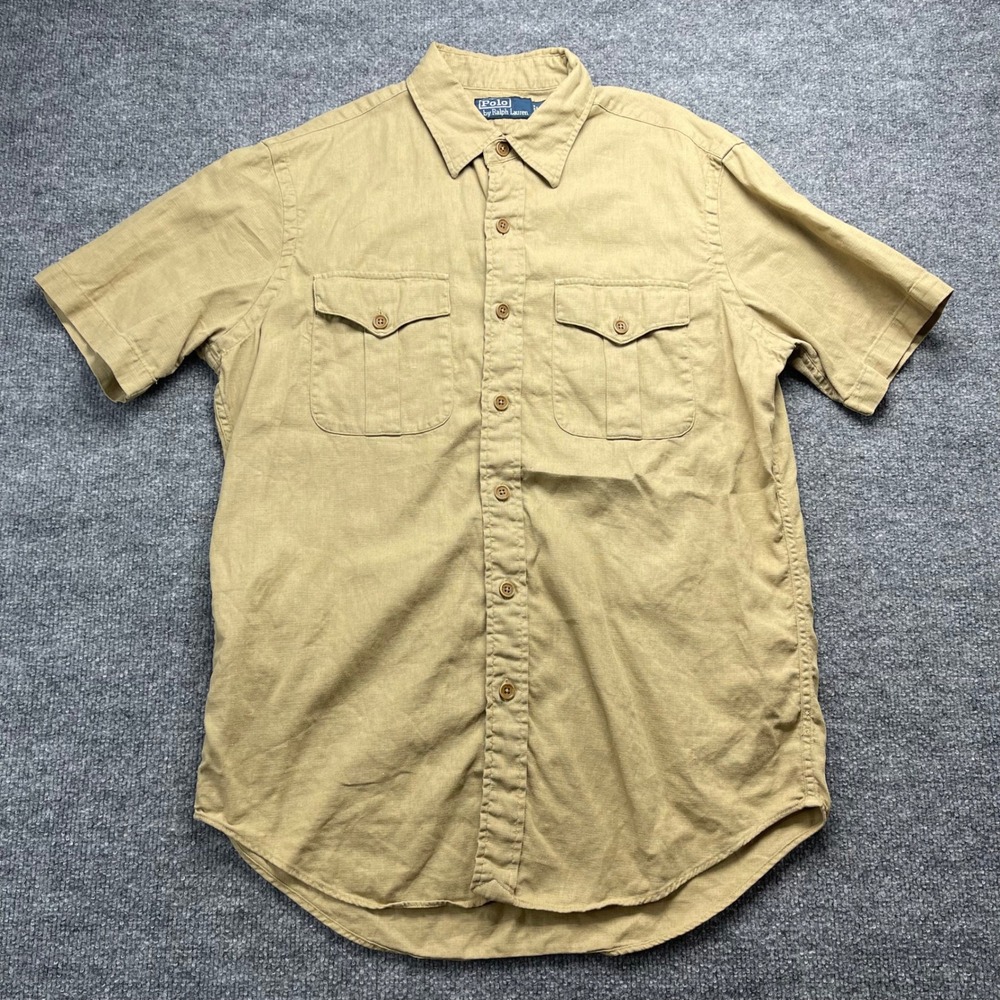 Polo Ralph Lauren Mens Medium Khaki Short Sleeve Linen Blend Field Shirt